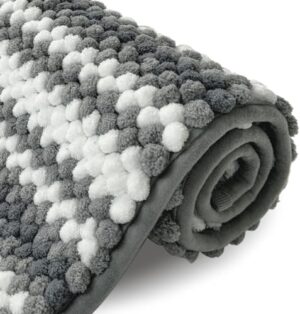HDFK Bath Mat & Bathroom Rugs, Ultra Soft Chenille Popcorn, Super Absorbent & Non-Slip, Odorless Hot Melt Adhesive Carpet, Striped Shower Rug for Bathtub Floors (32X20 Inch, Black Gray, White)