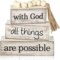 4 Pcs Farmhouse Wooden Tabletop Decor Farmhouse Tiered Tray Decor Rustic Retro Wood Bead Garland with God All Things are Possible Block Sign Neutral Centerpiece Sign for Home Shelf Mantle