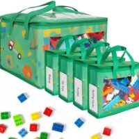 5 Pack Toy Storage Bags with Labels, Include 1 Pcs Extra Large and 4 Pcs Large Bags, Portable Toy Storage Organizer with Pattern Design for Organizing Board Game, Building Blocks, Puzzle, Kids Books