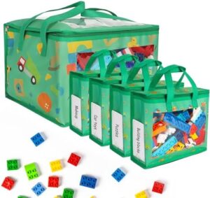 5 Pack Toy Storage Bags with Labels, Include 1 Pcs Extra Large and 4 Pcs Large Bags, Portable Toy Storage Organizer with Pattern Design for Organizing Board Game, Building Blocks, Puzzle, Kids Books