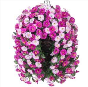 Artificial Fake Flowers Plants Hanging Baskets Outdoor Outside Spring Decor, Faux Silk Light Fuchsia and Fuchsia UV Resistant Look Real Morning Glory Home Patio Porch Balcony Decoration