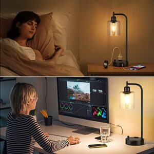 Industrial Table Lamps for Bedrooms Set of 2 - Fully Dimmable Bedside Lamps with USB A and C Ports and Outlet, Black Nightstand Lamps with Glass Shade for Living Room, Desk Lamps for Office Reading - Image 6