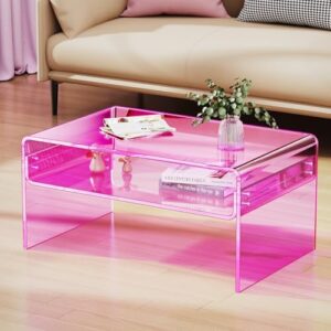 Acrylic Coffee Table for Living Room Clear Rectangle Lucite Table with Open Storage Shelf (1, Pink, Large) - Image 9