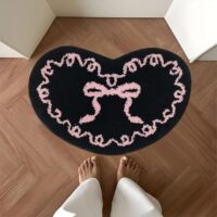 Scalloped Pink Bow Bathroom Mat Non Slip Heart Shaped Bow Rug Cute Aesthetic Scallop Carpet Room Decor Microfiber Absorbent Bath Rug for Bathroom Bathtub Shower Bedroom (Black-Pink)
