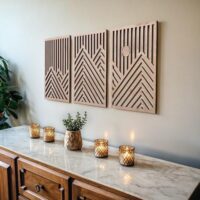 qmmp Modern Wooden Wall Sculptures - Set of 3 - MDF - Oak - Home Decor Accent - Large Wall Art for Living Room, Bedroom, Office - Easy Installation (Oak, Medium - Mountain and Sun, Unframed)