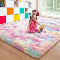 junovo Soft Rainbow Area Rugs for Girls Room, Fluffy Colorful Rugs Cute Floor Carpets Shaggy Playing Mat for Kids Baby Girls Bedroom Nursery Home Decor, 5ft x 8ft Tie-Dyed Rainbow