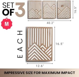 qmmp Modern Wooden Wall Sculptures - Set of 3 - MDF - Oak - Home Decor Accent - Large Wall Art for Living Room, Bedroom, Office - Easy Installation (Oak, Medium - Mountain and Sun, Unframed) - Image 2