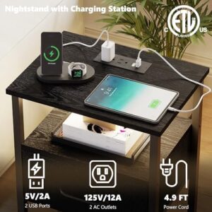 Night Stand Set 2, End Table with Charging Station, LED Bedside Table with Fabric Drawer for Bedroom, 3-Tier Side Table with Open Shelf, Black - Image 5