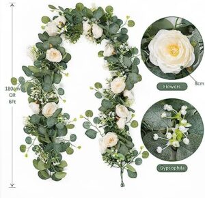 TOCHGREEN 4 Pack Artificial Eucalyptus Flower Garland with White Roses, Fake Rose Flower Greenery Garland Floral Vines for Wedding Home Party Table Runner Decor (4PCS, White) - Image 4