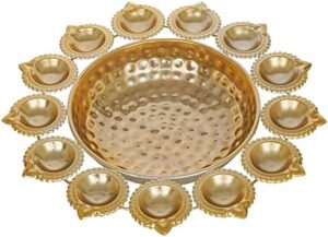 Diya Shape Decorative Urli Bowl for Home Metal Handcrafted for Floating Flowers and Tea Light Candles Home ,Office and Table Decor| Diwali Decoration Items ( 14 Inches), Gold - Image 2