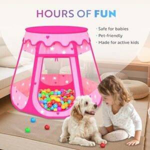 Playz Ball Pit Princess Castle Play Tent for Girls w/ 50 Balls Included - Pop Up Children Play Tent for Indoor & Outdoor Use - Playland Playhouse Tent w/ & Glow in The Dark Stars & Zipper Storage Case - Image 7