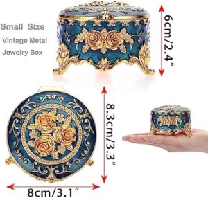 Hipiwe Antique Metal Jewelry Box Ring Earring Treasure Chest Case Small Trinket Box Round Jewelry Display Box Necklace Organizer Wedding Birthday Gift Home Decor, 3x3x2.4 inch - Image 5