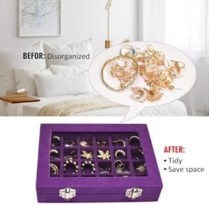 Velvet Jewelry Box 24 Grid Jewelry Ring Display Organiser Box Tray Holder Earrings Storage Case for Girls Wife Mom Women (Purple) - Image 5
