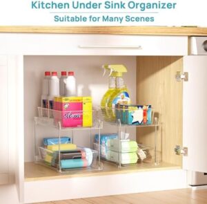 Vtopmart 4 Pack Bathroom Organizer, 2 Tier Clear Under Sink Organizers Vanity Countertop Storage Container,Cabinet Drawers Bins, Pull-Out Organization with Track for Pantry, Kitchen - Image 6