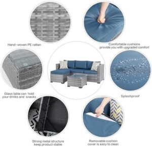 Shintenchi 3 Pieces Patio Furniture Set,All-Weather Rattan Patio Conversation Set,Outdoor Sectional Silver Wicker Patio Couch with Washable Cushions and Glass Coffee Table(Navy Blue) - Image 3