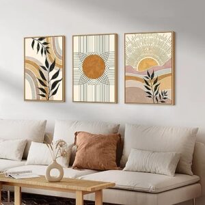HPINUB Boho Framed Canvas Wall Art Prints, Set of 3 Mid Century Modern Wall Decor, Nature Plants Desert Sun Art Paintings, Bohemian Artwork for Living Room, Bedroom, Dining Room, Office - 16"x24"x3 - Image 2