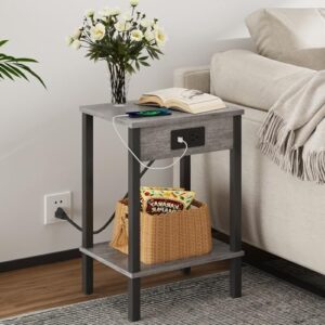 Set of 2 End Table with Charging Station, Narrow Side Table with USB Ports and Outlets, Nightstands with 2-Tier Storage Shelves, Sofa Table for Small Space Living Room Bedroom, Grey - Image 5