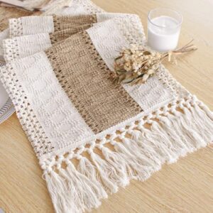 FEXIA Boho Table Runner for Spring Home Decor with Tassels 72 Inches Long Farmhouse Rustic Table Runner Macrame Burlap Table Decoration for Living Room Bridal Shower(12x72 Inches)