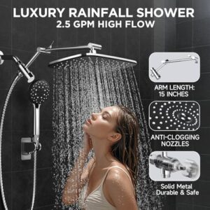 Veken Wide Rain Shower Head with 6 Modes Handheld Water Spray,High Pressure Showerhead Combo with Arm for Bathroom Accessories,Home Decor Adjustable Dual Shower with Anti-Clog Nozzles,Silver Chrome - Image 4