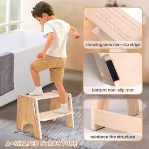 Toddler Step Stool, Wooden Height-Adjustable 2-Step Stool for Kids, Potty Training Stool with Handles for Bathroom Sink, Kitchen, Bedroom - Image 2