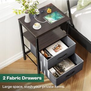 Huuger Nightstand with Charging Station, Fabric Drawers, End Table with Open Shelf, Bedside Table with USB Ports and Outlets, Night Stand for Bedroom, Walnut - Image 5