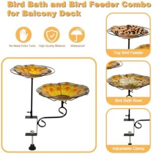 2-in-1 Deck Mounted Bird Bath for Outside Glass Birdbath Bowl & Birdfeeder with Adjustable Sturdy Metal Clamp for Railing Balcony 11" Dia, Sunflower - Image 7