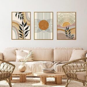 HPINUB Boho Framed Canvas Wall Art Prints, Set of 3 Mid Century Modern Wall Decor, Nature Plants Desert Sun Art Paintings, Bohemian Artwork for Living Room, Bedroom, Dining Room, Office - 16"x24"x3 - Image 4