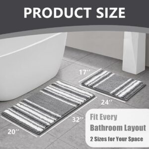 HDFK Bath Mat & Bathroom Rugs, Ultra Soft Chenille Popcorn, Super Absorbent & Non-Slip, Odorless Hot Melt Adhesive Carpet, Striped Shower Rug for Bathtub Floors (32X20 Inch, Black Gray, White) - Image 2
