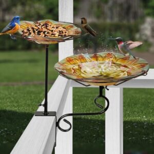 2-in-1 Deck Mounted Bird Bath for Outside Glass Birdbath Bowl & Birdfeeder with Adjustable Sturdy Metal Clamp for Railing Balcony 11" Dia, Sunflower - Image 6