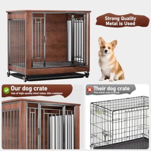 Dog Crate Furniture, 32" Dog Kennel Furniture, Small Dog Kennel Indoor, Dog Crates for Small Dogs, Wooden Dog Crate with Wheels, Tray, Feeding Window - Image 3