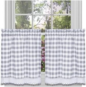 Buffalo Check Tier Pair Window Curtain Set - 58 Inch Width, 36 Inch Length - Grey & White Plaid Drapes - Light Filtering Drapes for Kitchen, Bedroom, Living & Dining Room by Achim Home Decor