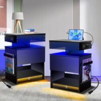 Nightstand Set 2,Nightstand with Charging Station,Induction Light and LED Light,Bedside Table with Drawers,Modern Nightstand End Side Table for Bedroom,Nightstands with Bookshelf,Black