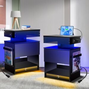 Nightstand Set 2,Nightstand with Charging Station,Induction Light and LED Light,Bedside Table with Drawers,Modern Nightstand End Side Table for Bedroom,Nightstands with Bookshelf,Black