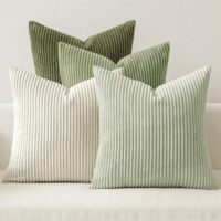MIULEE Boho Farmhouse Throw Pillow Covers 18x18 Inch Set of 4 Mordern Neutral Green Cushion Covers Soft Corduroy Nordic Home Decor for Spring Couch Bed Sofa Living Room Green-White