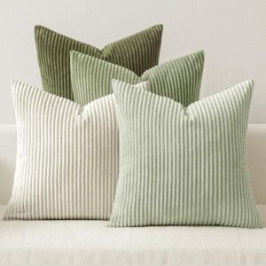 MIULEE Boho Farmhouse Throw Pillow Covers 18x18 Inch Set of 4 Mordern Neutral Green Cushion Covers Soft Corduroy Nordic Home Decor for Spring Couch Bed Sofa Living Room Green-White