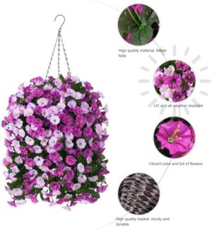 Artificial Fake Flowers Plants Hanging Baskets Outdoor Outside Spring Decor, Faux Silk Light Fuchsia and Fuchsia UV Resistant Look Real Morning Glory Home Patio Porch Balcony Decoration - Image 3