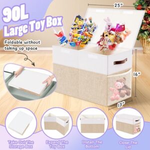 Large Toy Box, Collapsible Storage Organizer Bins with Lids, Sturdy Toy Chest Boxes Baskets for Kids, Boys, Girls, Nursery, Playroom, Living Room, Bedroom, 25"x13"x16", Beige and White - Image 2