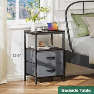 Huuger Nightstand with Charging Station, Fabric Drawers, End Table with Open Shelf, Bedside Table with USB Ports and Outlets, Night Stand for Bedroom, Walnut - Image 3