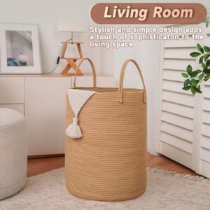 Large Woven Laundry Basket Hamper,60L Cotton Rope Storage Bin for Blankets,Toys and Clothes,Decorative Tall Nursery Hamper for Living Room,Baby Nursery,Bathroom and Bedroom,Golden Jute - Image 3