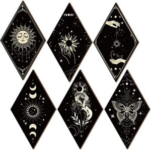 Sintuff 6 Pieces Boho Wall Decor Sun Moon Phases Wall Art Gothic Minimalist Stars Sun Wall Hanging Boho Wooden Home Decor Farmhouse Wall Pediments for Gallery Living Bedroom Room(Boho)