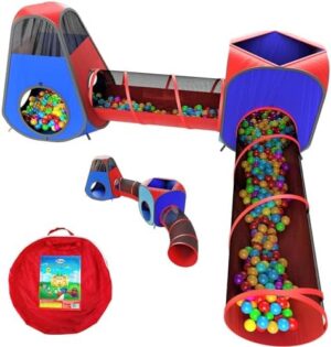 Playz 4pc Pop Up Play Tent and Tunnel Bundle for Toddlers and Kids - Indoor & Outdoor Playhouse with Storage Bag, Red & Blue