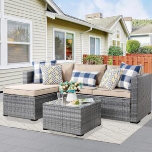 Shintenchi 3 Pieces Patio Furniture Set,All-Weather Rattan Patio Conversation Set,Outdoor Sectional Silver Wicker Patio Couch with Washable Cushions and Glass Coffee Table(Khaki)