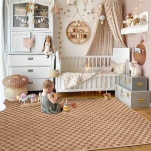 Aimuan Checkered Print Area Rug Cute Checkerboard Rugs Soft Shaggy Carpets Back Non-Slip Mat for Kids Bedroom Living Room Nursery Home Decor (Khaki, 3x5ft) - Image 2