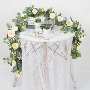 TOCHGREEN 4 Pack Artificial Eucalyptus Flower Garland with White Roses, Fake Rose Flower Greenery Garland Floral Vines for Wedding Home Party Table Runner Decor (4PCS, White) - Image 7