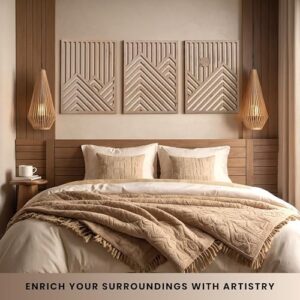 qmmp Modern Wooden Wall Sculptures - Set of 3 - MDF - Oak - Home Decor Accent - Large Wall Art for Living Room, Bedroom, Office - Easy Installation (Oak, Large - Mountain and Sun, Unframed) - Image 2