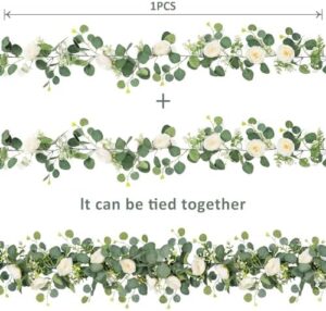 TOCHGREEN 4 Pack Artificial Eucalyptus Flower Garland with White Roses, Fake Rose Flower Greenery Garland Floral Vines for Wedding Home Party Table Runner Decor (4PCS, White) - Image 5