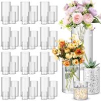 Nuogo 48 Pcs Plastic Cylinder Vases Tall Clear Flower Vases for Centerpieces Hurricane Candle Holder for Home Wedding Office Party Formal Dinners Decorations (4''/6''/8''/10'')