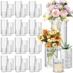 Nuogo 48 Pcs Plastic Cylinder Vases Tall Clear Flower Vases for Centerpieces Hurricane Candle Holder for Home Wedding Office Party Formal Dinners Decorations (4''/6''/8''/10'')