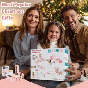 Giant bean 32pcs Wooden Dollhouse Furniture Set 5 Rooms, Wood & Plastic Pink Dollhouse Accessories Pretend Play Furniture Toy Christmas Birthday Gift Toy for Kids Boys Girls Toddler 3+ - Image 3