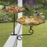 2-in-1 Deck Mounted Bird Bath for Outside Glass Birdbath Bowl & Birdfeeder with Adjustable Sturdy Metal Clamp for Railing Balcony 11" Dia, Sunflower